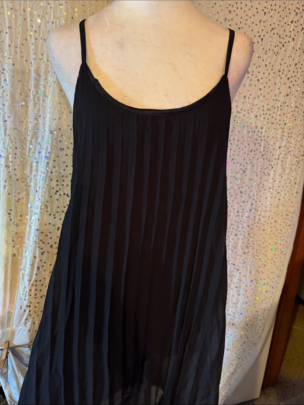 Black Pleated Chiffon Spaghetti Strap Slip Dress